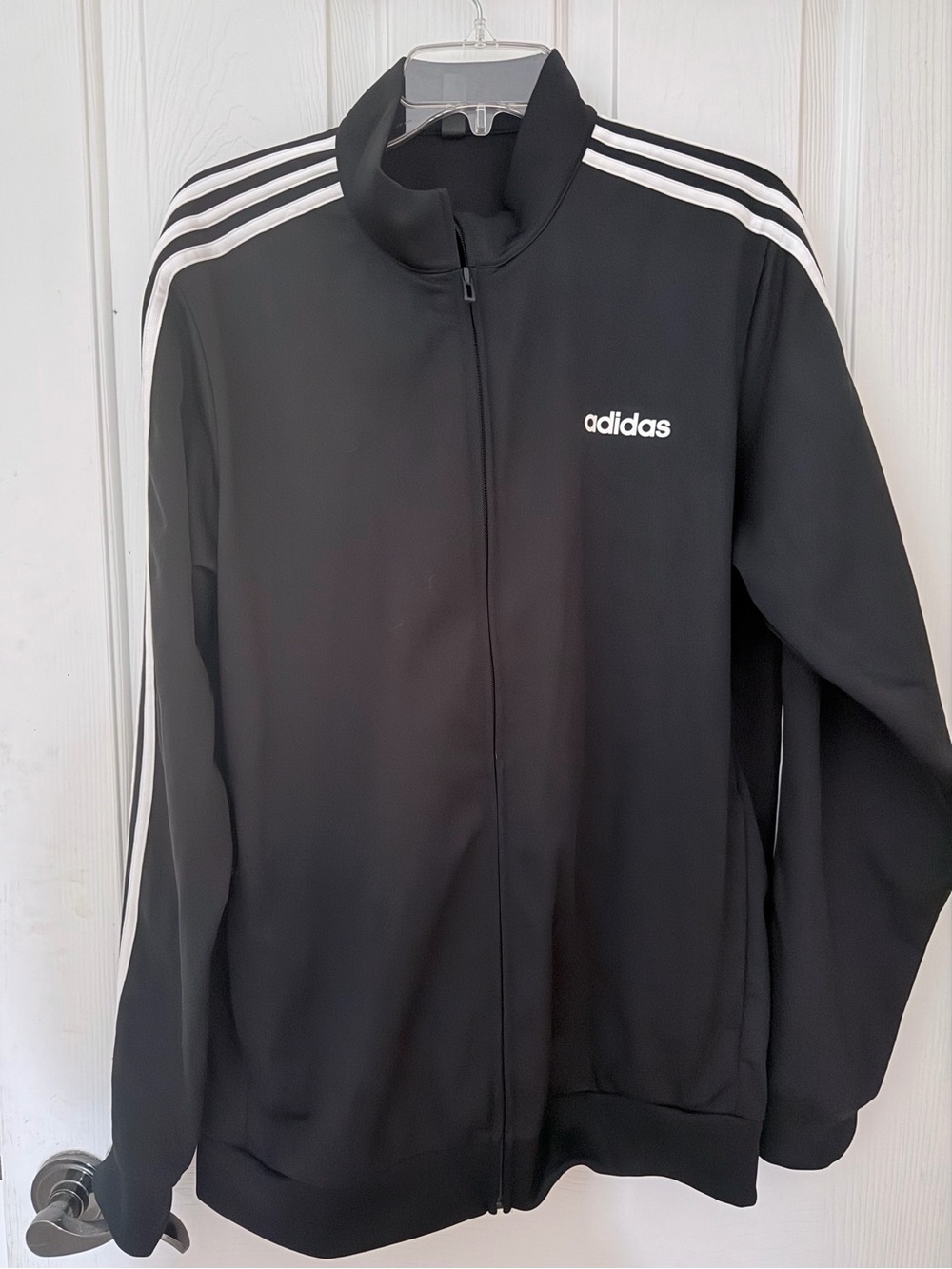 Adidas Men’s Black Track Jacket with Signature White Stripes - Size Large